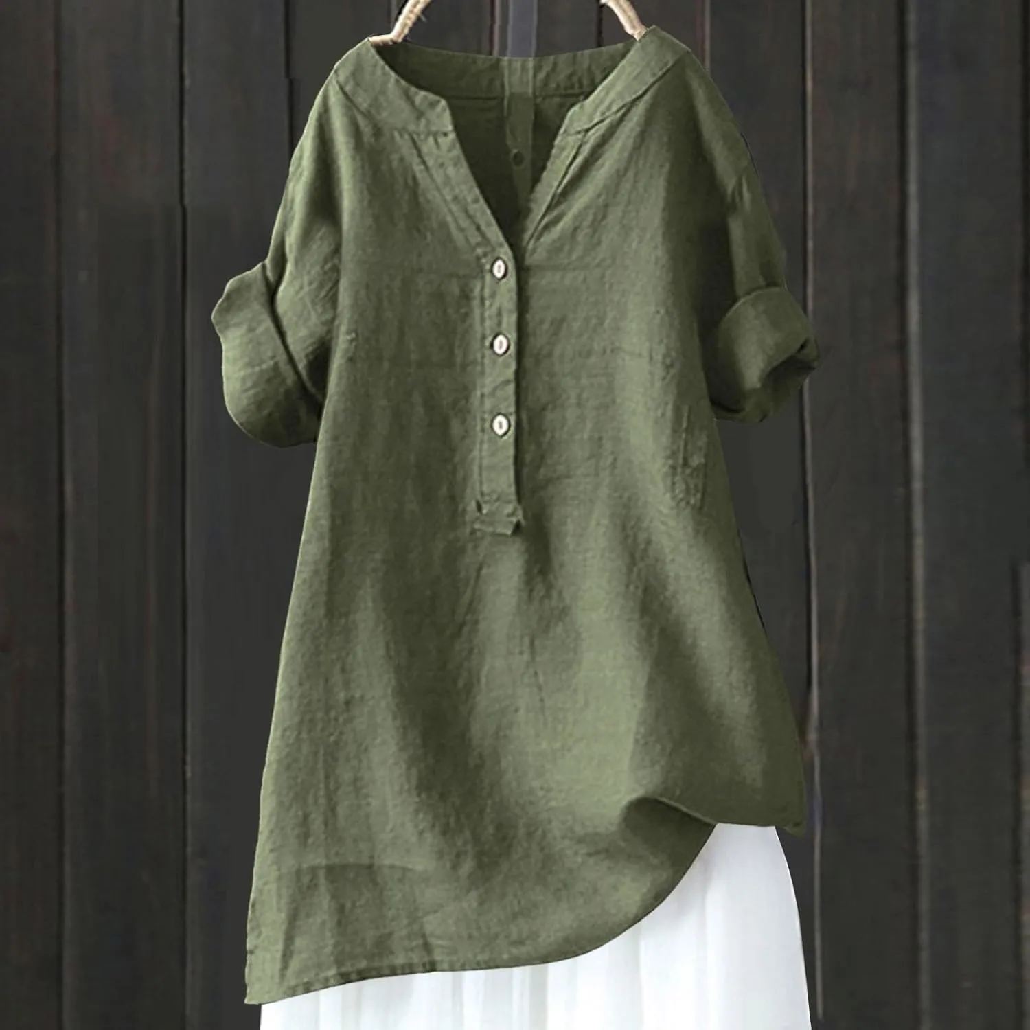 Cotton Linen Shirts for Women 2024 Buttons V Neck Long Sleeve Tops Summer Trendy Blouses Casual Loose Tunic Tops