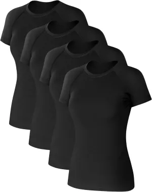 Coume 4 Pack Women's Compression Shirts Short Sleeve Workout Tops Running Athletic Yoga T-Shirt for Gym Sports Gear Dry Fit
