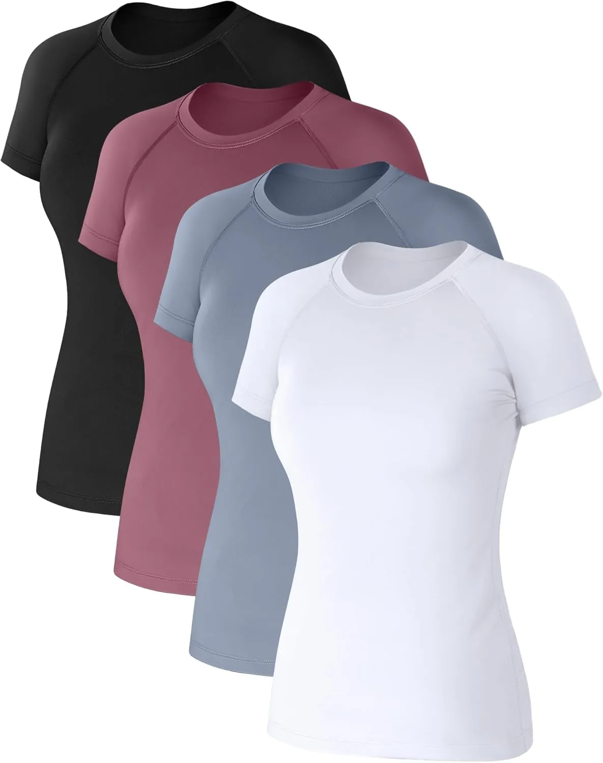 Coume 4 Pack Women's Compression Shirts Short Sleeve Workout Tops Running Athletic Yoga T-Shirt for Gym Sports Gear Dry Fit