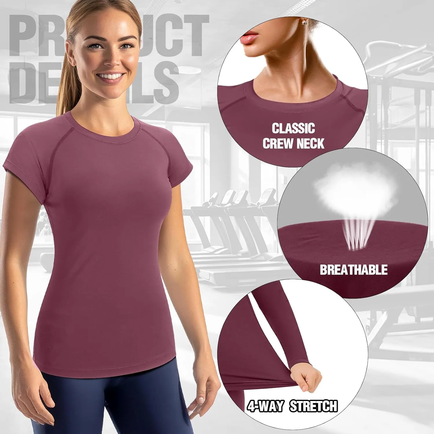 Coume 4 Pack Women's Compression Shirts Short Sleeve Workout Tops Running Athletic Yoga T-Shirt for Gym Sports Gear Dry Fit