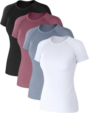 Coume 4 Pack Women's Compression Shirts Short Sleeve Workout Tops Running Athletic Yoga T-Shirt for Gym Sports Gear Dry Fit