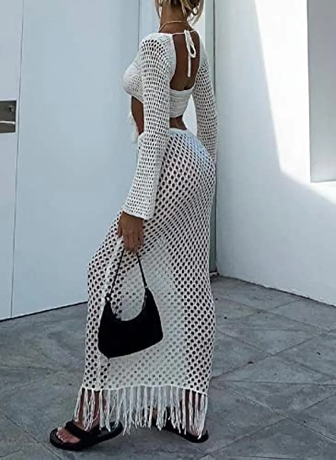 Crochet Knit 2 Piece Skirt Sets for Women Summer Hollow Out Crop Top Bodycon High Waist Maxi Skirt Sets Beach Dress