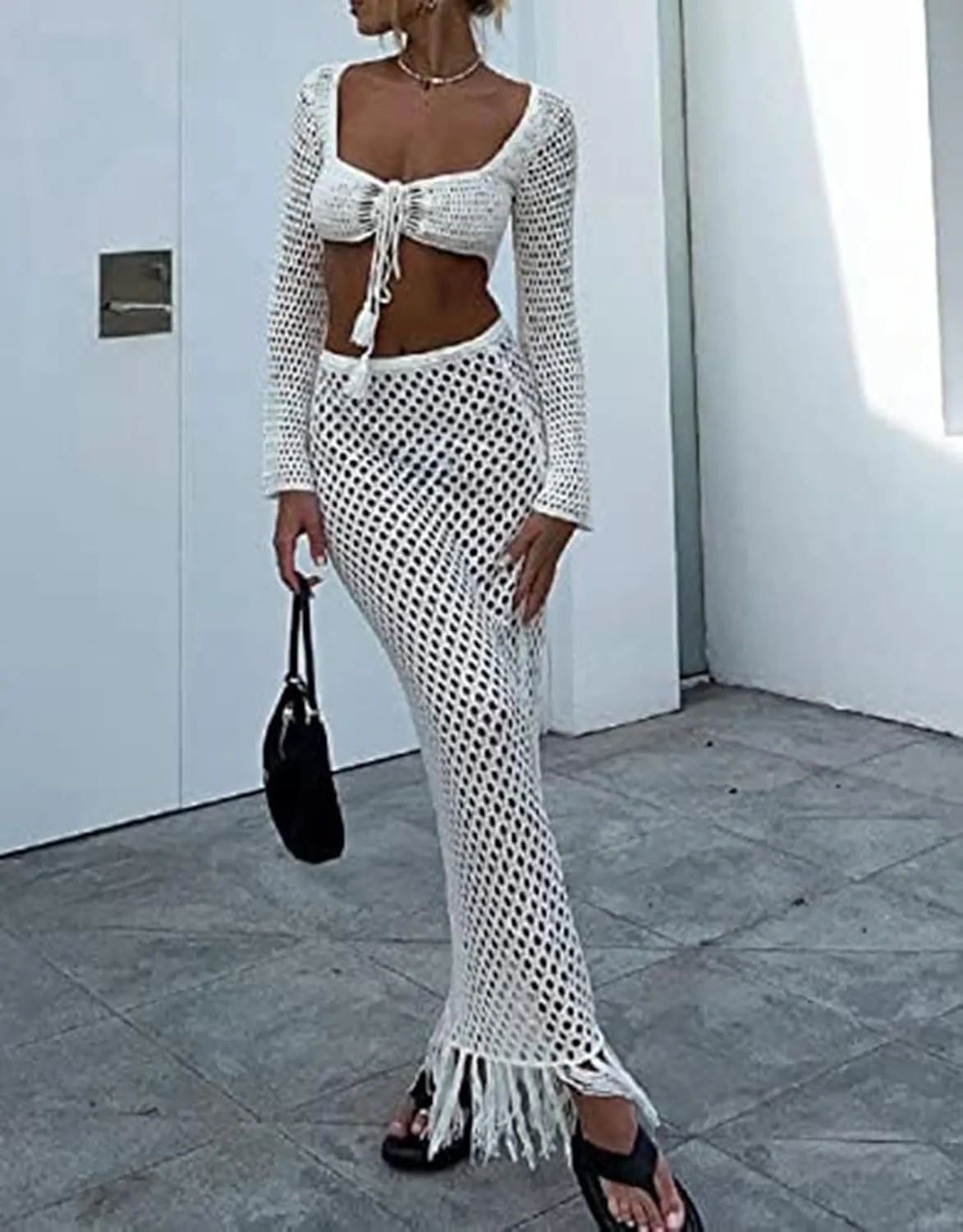Crochet Knit 2 Piece Skirt Sets for Women Summer Hollow Out Crop Top Bodycon High Waist Maxi Skirt Sets Beach Dress