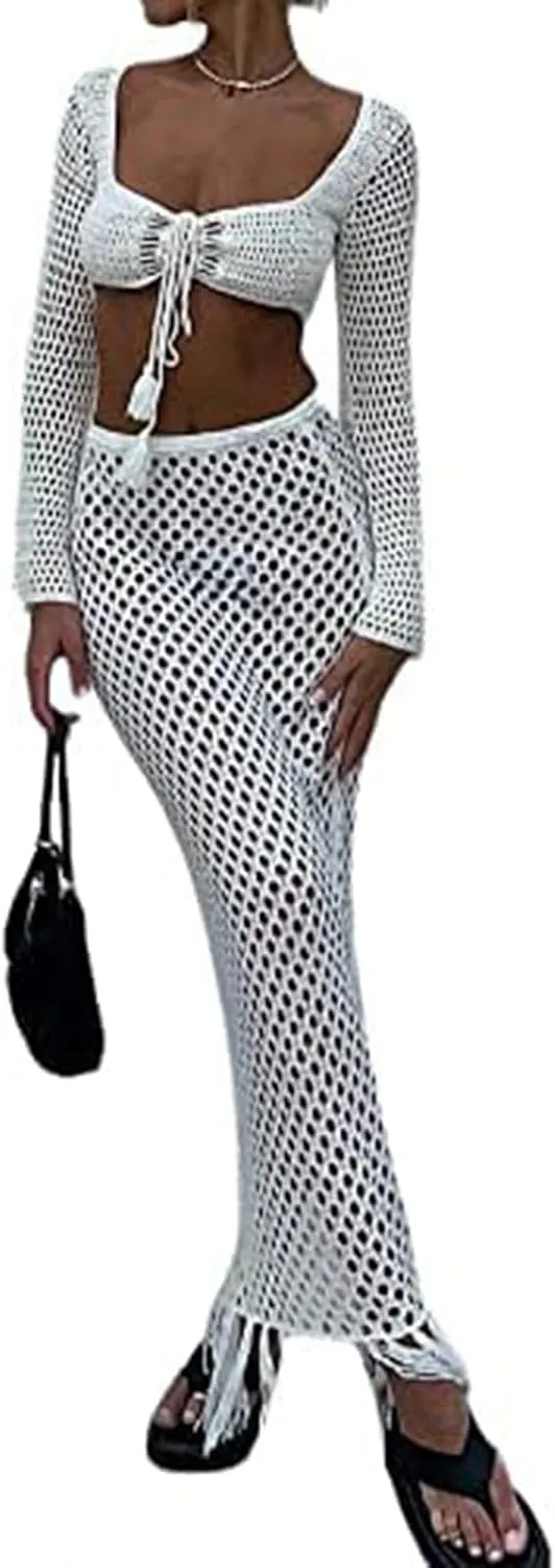 Crochet Knit 2 Piece Skirt Sets for Women Summer Hollow Out Crop Top Bodycon High Waist Maxi Skirt Sets Beach Dress
