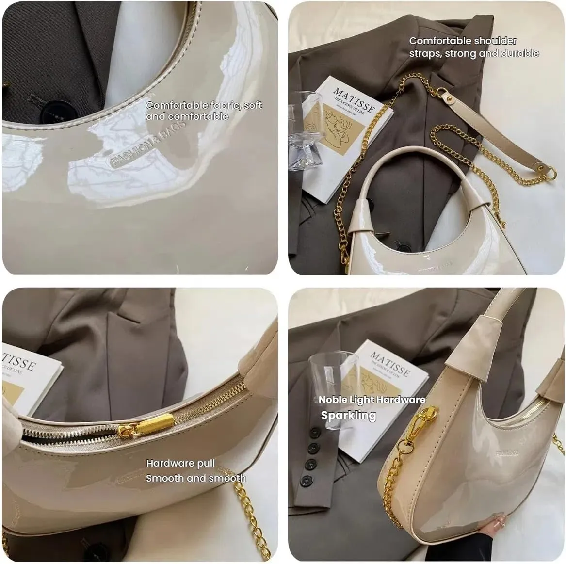 Crossbody Crescent Bag For Women,Trendy Cute Shoulder Bag with Glossy Finish & Chain Strap for Shopping and Dating