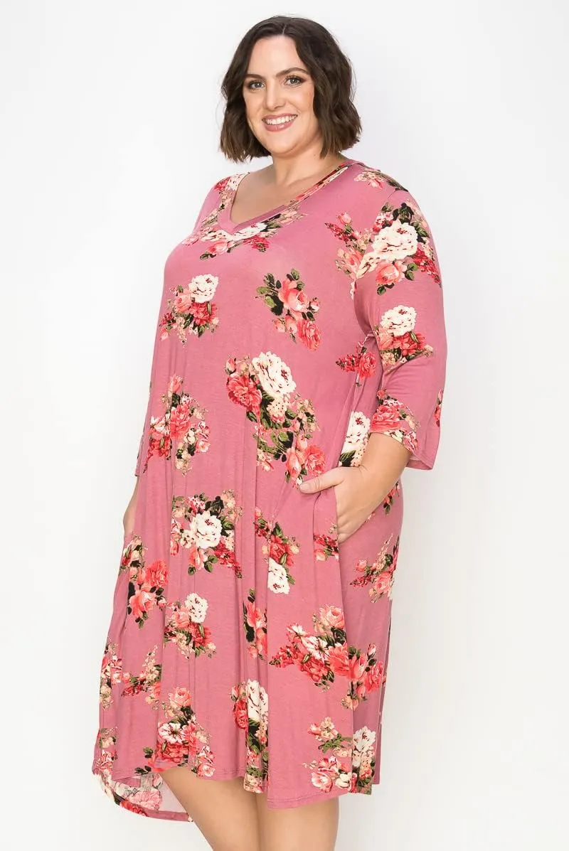 CURVYFRIENDS Women's Plus Size Dress - 3/4 Sleeve Casual V-Neck T Shirt Knee Length Printed Midi Dress with Pockets