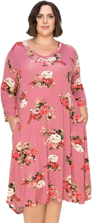 CURVYFRIENDS Women's Plus Size Dress - 3/4 Sleeve Casual V-Neck T Shirt Knee Length Printed Midi Dress with Pockets