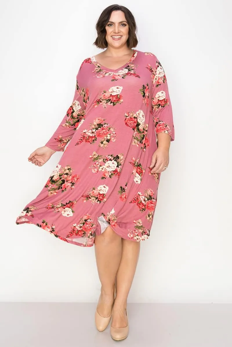 CURVYFRIENDS Women's Plus Size Dress - 3/4 Sleeve Casual V-Neck T Shirt Knee Length Printed Midi Dress with Pockets