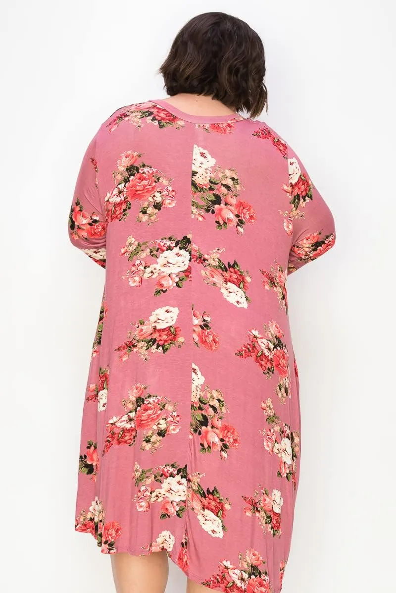 CURVYFRIENDS Women's Plus Size Dress - 3/4 Sleeve Casual V-Neck T Shirt Knee Length Printed Midi Dress with Pockets