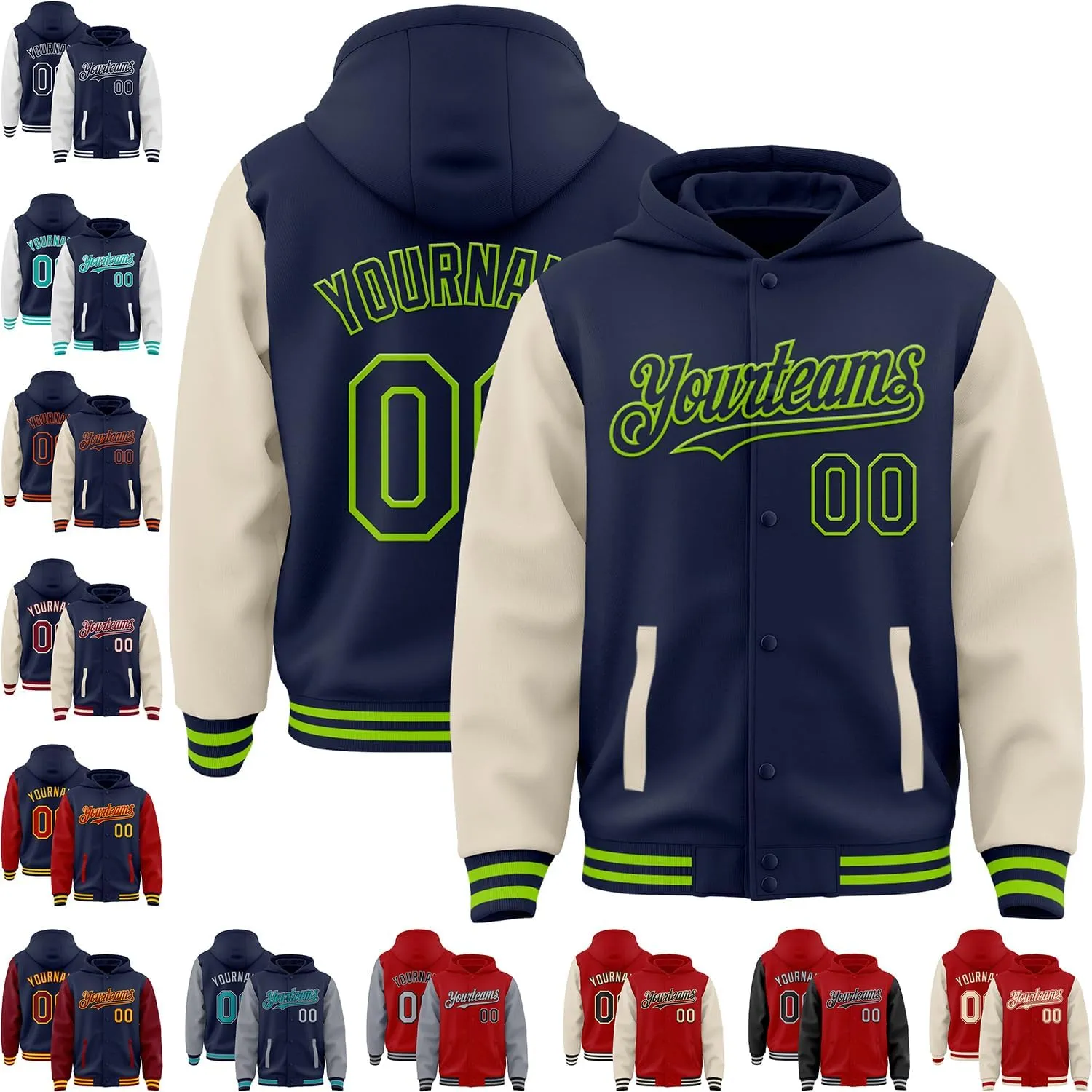 Custom Varsity Jacket with Hood Personalized Teens Letterman Hooded Jacket Full-Snap Baseball Bomber Jacket