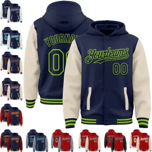 Custom Varsity Jacket with Hood Personalized Teens Letterman Hooded Jacket Full-Snap Baseball Bomber Jacket