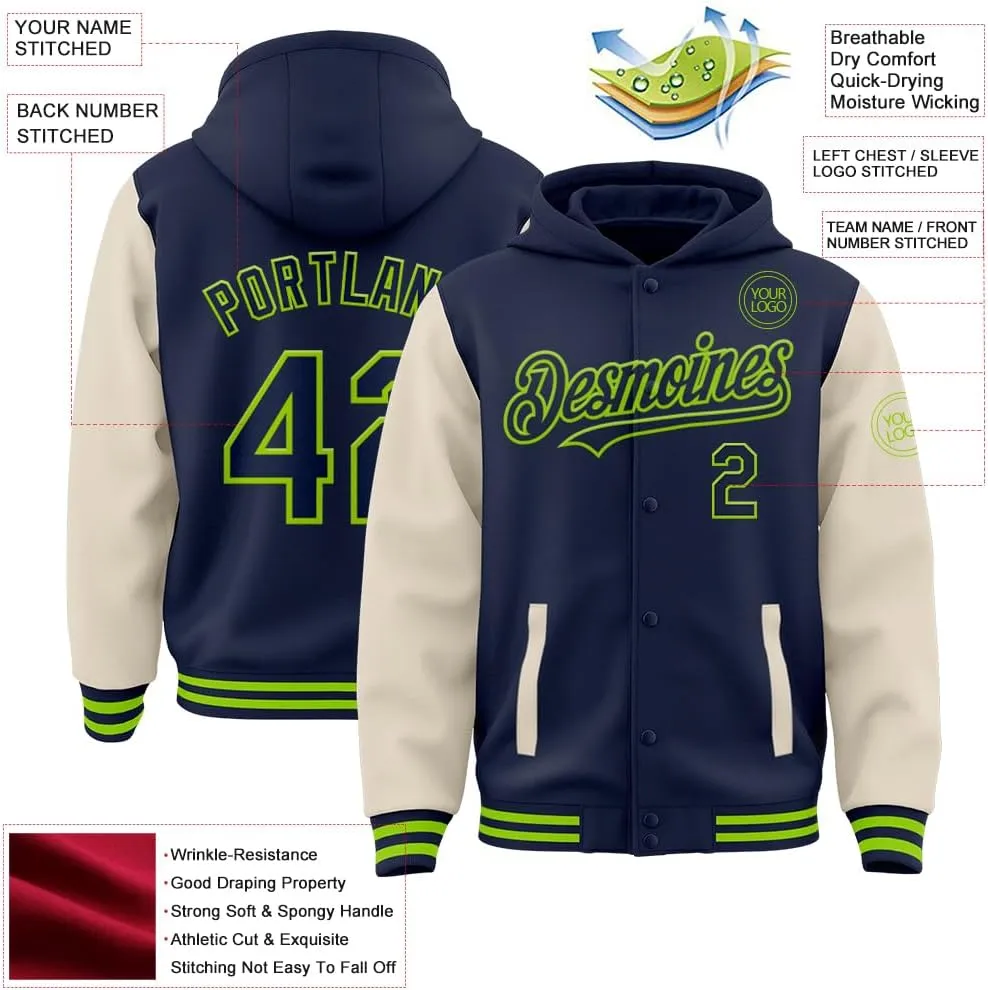 Custom Varsity Jacket with Hood Personalized Teens Letterman Hooded Jacket Full-Snap Baseball Bomber Jacket