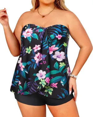 Daci Plus Size Bandeau Tankini Swimsuit for Women 2 Piece Halter Swim Top with Shorts Tummy Control Bathing Suits