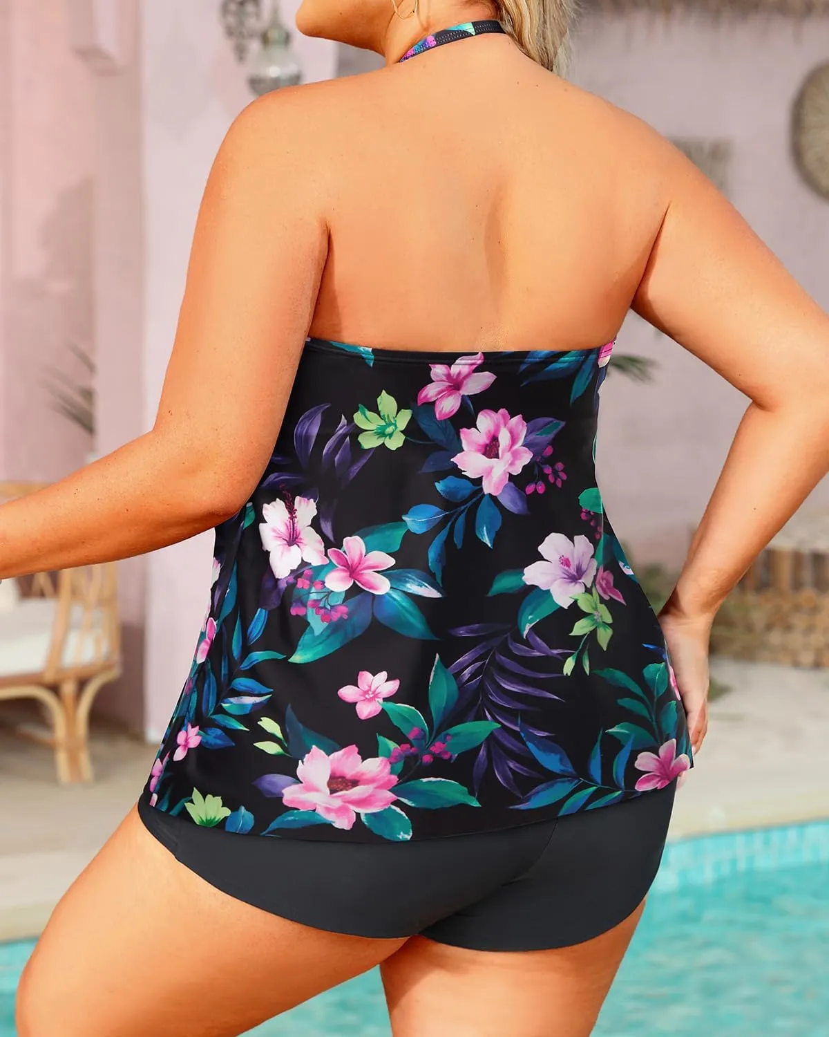 Daci Plus Size Bandeau Tankini Swimsuit for Women 2 Piece Halter Swim Top with Shorts Tummy Control Bathing Suits
