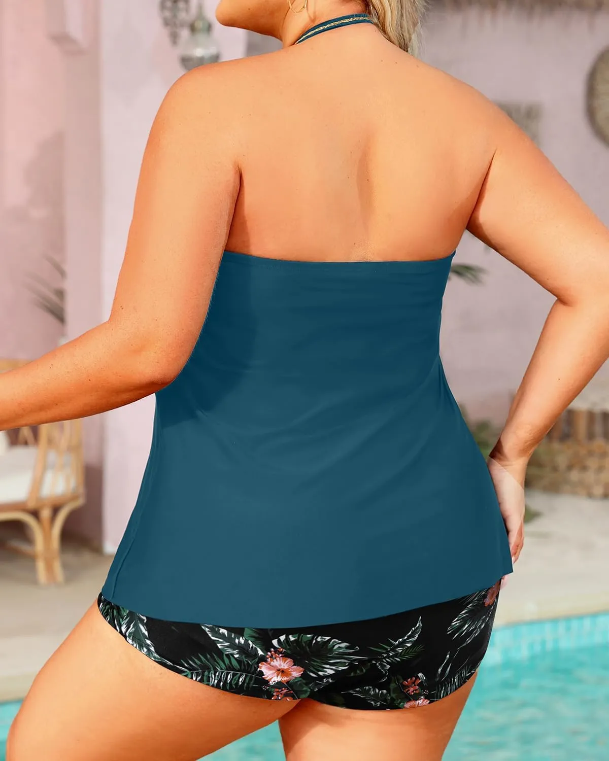 Daci Plus Size Bandeau Tankini Swimsuit for Women 2 Piece Halter Swim Top with Shorts Tummy Control Bathing Suits