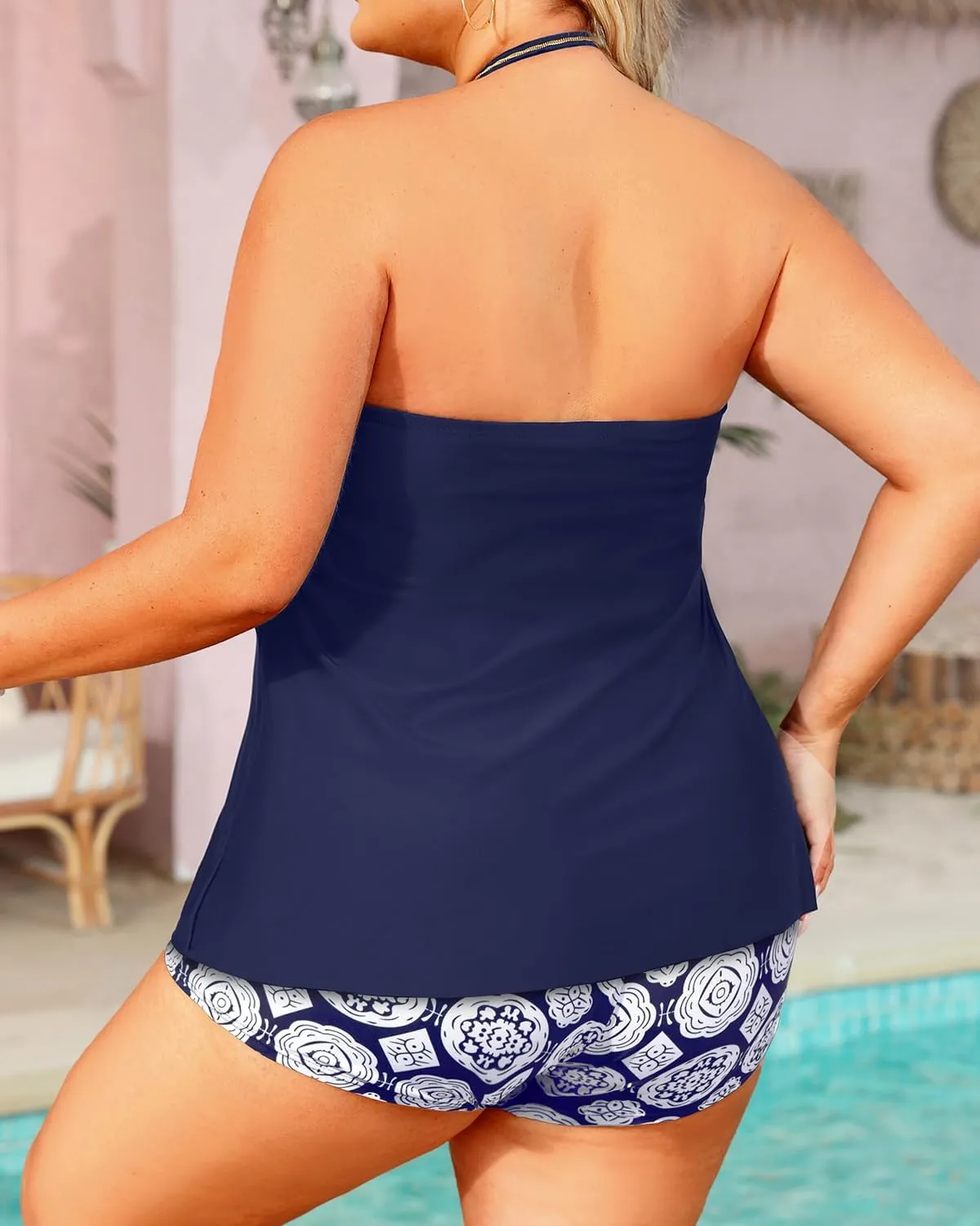 Daci Plus Size Bandeau Tankini Swimsuit for Women 2 Piece Halter Swim Top with Shorts Tummy Control Bathing Suits