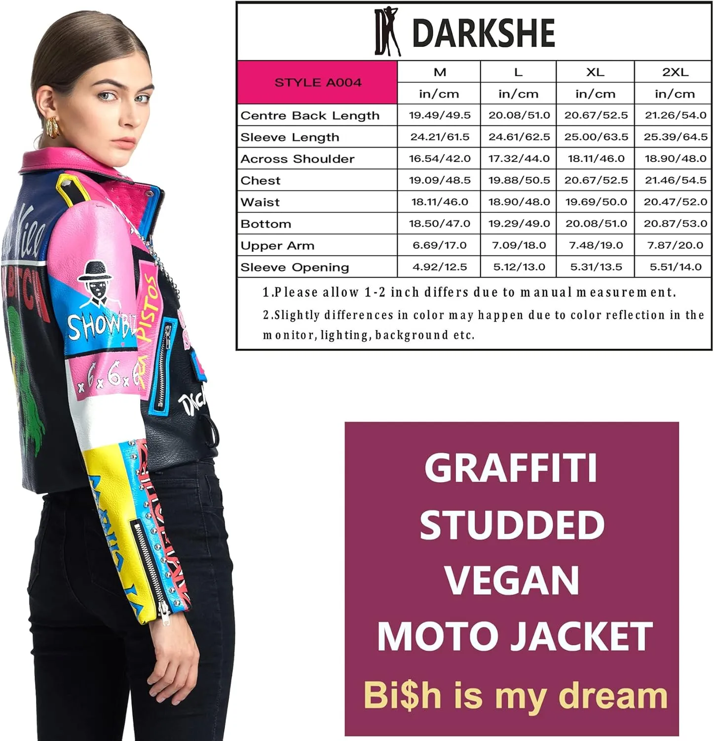 DARKSHE Women's Faux Leather PU Jacket, Graffiti Studded Rivet Punk Biker Moto Fashion Coat with Long Sleeve