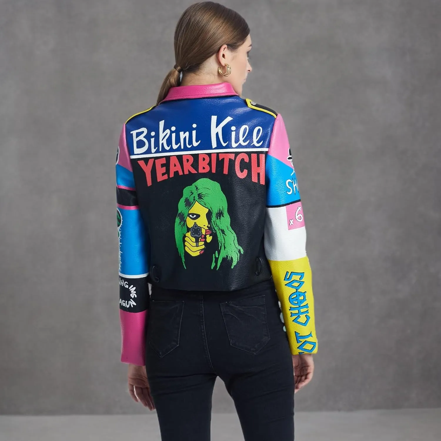DARKSHE Women's Faux Leather PU Jacket, Graffiti Studded Rivet Punk Biker Moto Fashion Coat with Long Sleeve