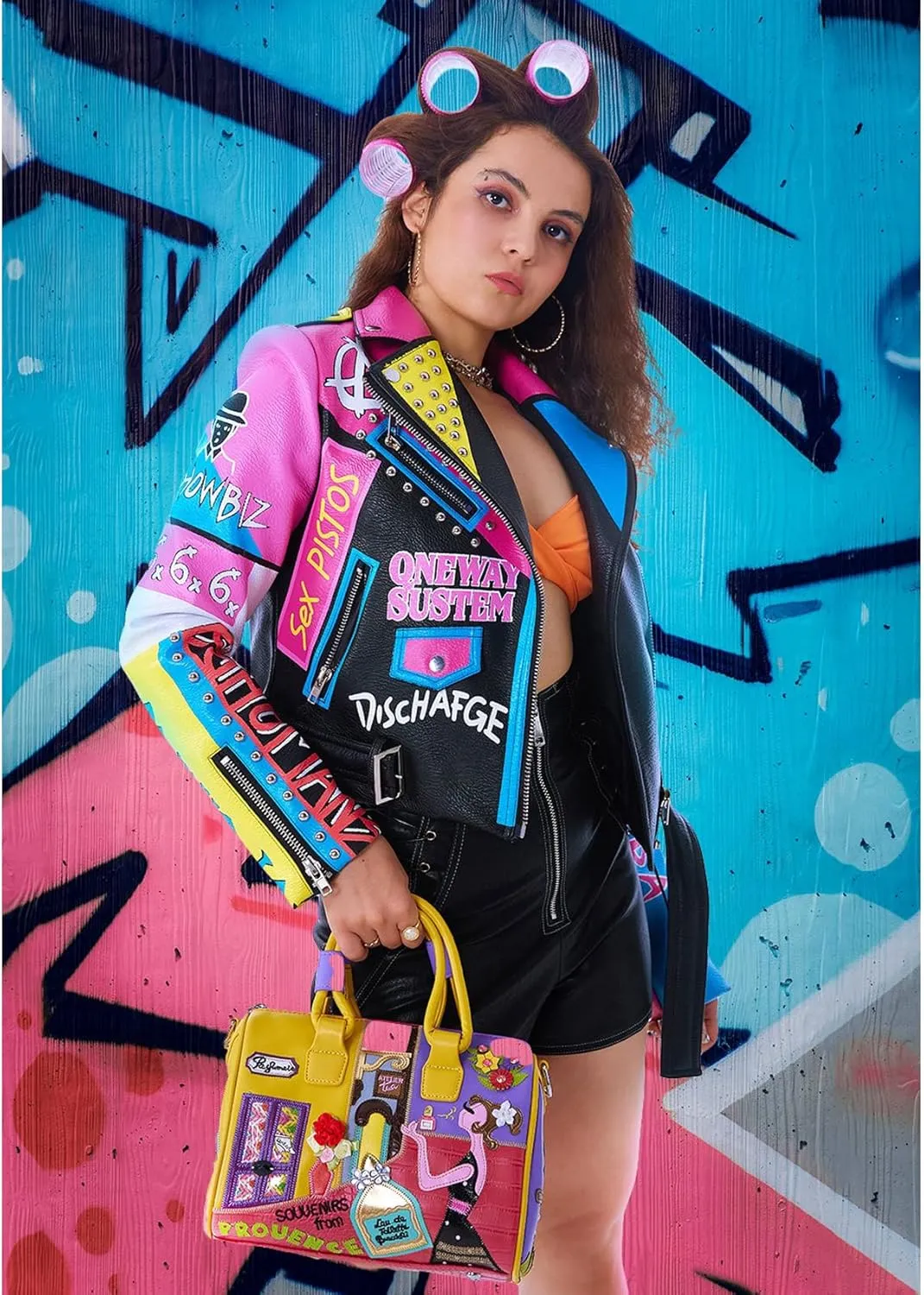 DARKSHE Women's Faux Leather PU Jacket, Graffiti Studded Rivet Punk Biker Moto Fashion Coat with Long Sleeve