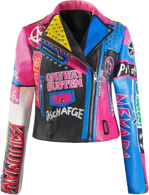 DARKSHE Women's Faux Leather PU Jacket, Graffiti Studded Rivet Punk Biker Moto Fashion Coat with Long Sleeve