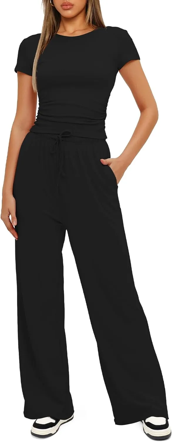 Darong Women's 2 Piece Outfits Lounge Sets Ruched Short Sleeve Tops High Waisted Wide Leg Pants Tracksuit Sets