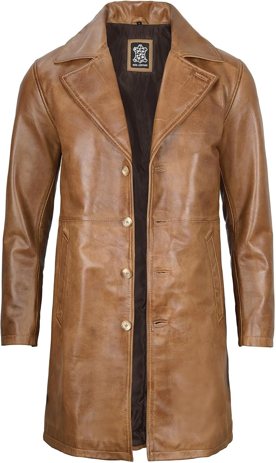 Decrum Leather Coat Men - Car Coat Style Fashion Long Leather Jacket Men