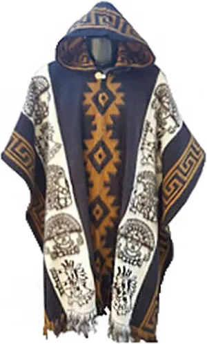 Del Mex Mexican Knit Poncho Vintage Hippie Sarape Shawl Blanket With Hood Sleeveless Cloak Costume Outfit