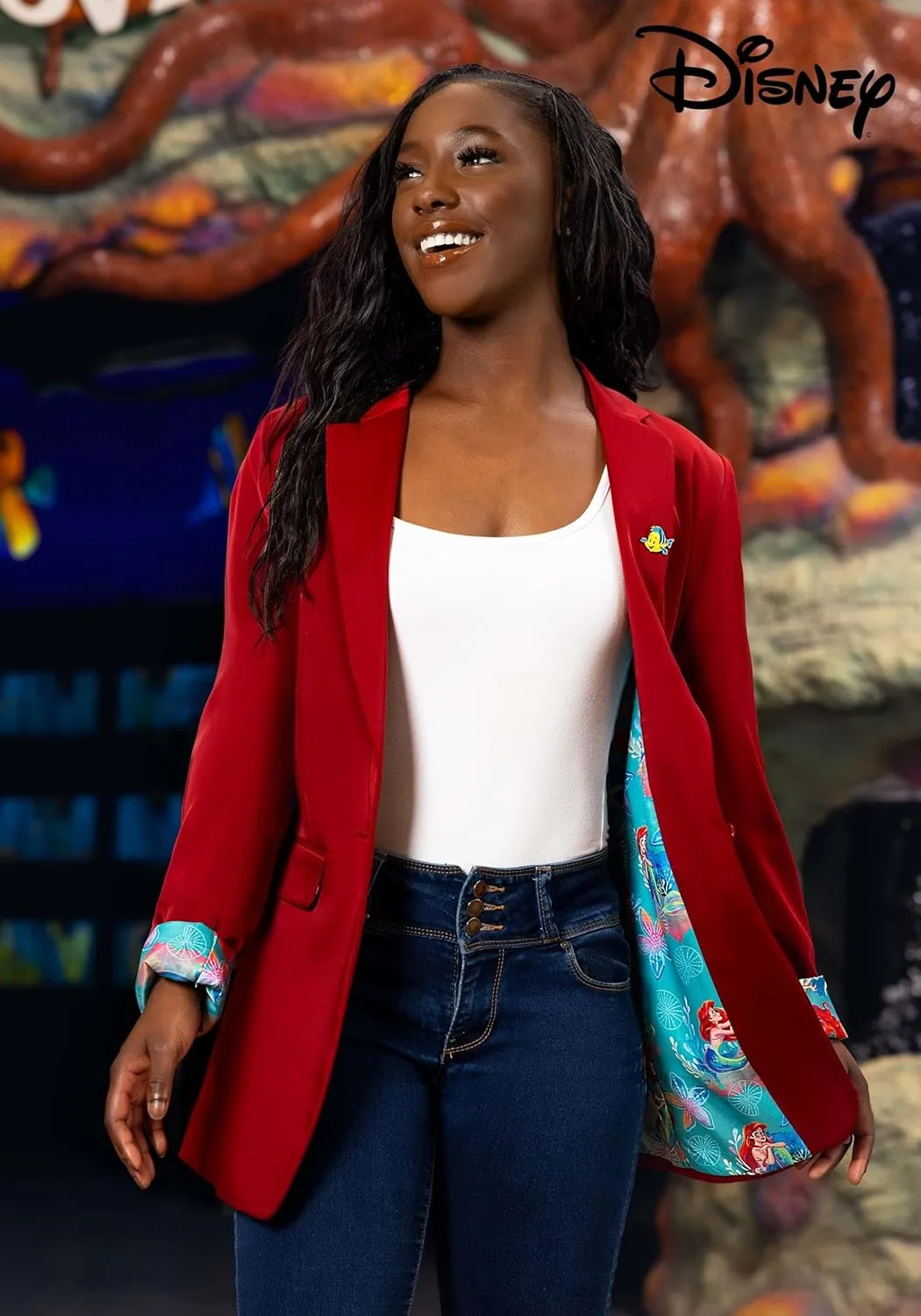 Disney The Little Mermaid Women's Blazer | Fully Lined Blazer with Satin Fabric & Flounder Enamel Pin