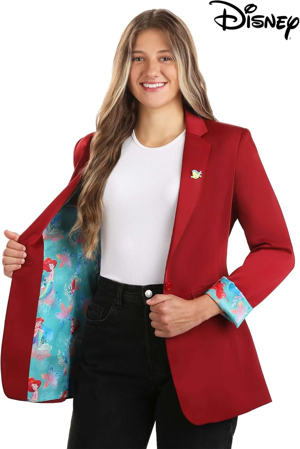 Disney The Little Mermaid Women's Blazer | Fully Lined Blazer with Satin Fabric & Flounder Enamel Pin
