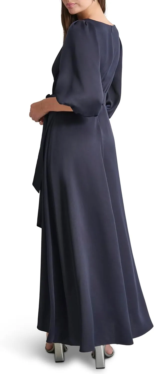 DKNY Women's Balloon Sleeve Satin Faux Wrap Maxi Dress