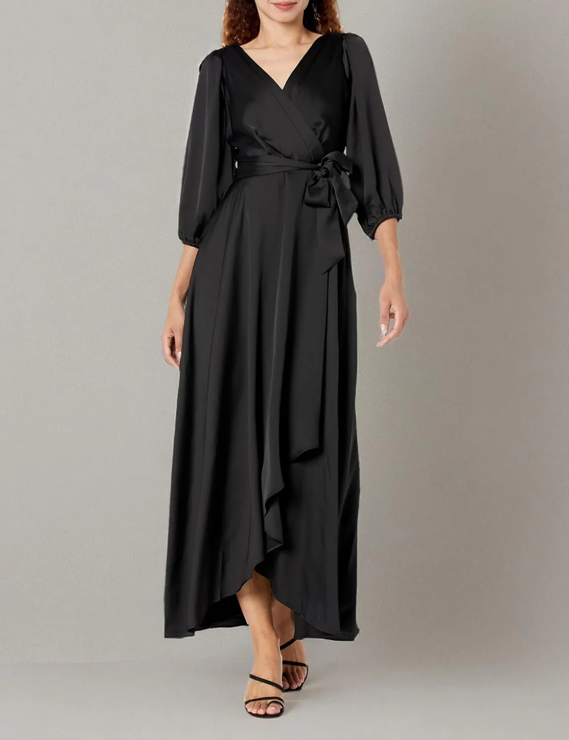 DKNY Women's Balloon Sleeve Satin Faux Wrap Maxi Dress
