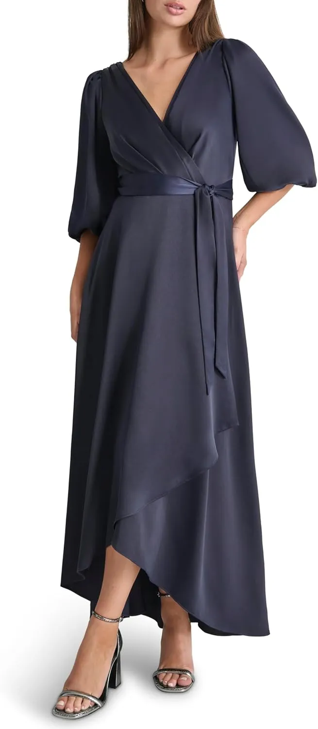 DKNY Women's Balloon Sleeve Satin Faux Wrap Maxi Dress