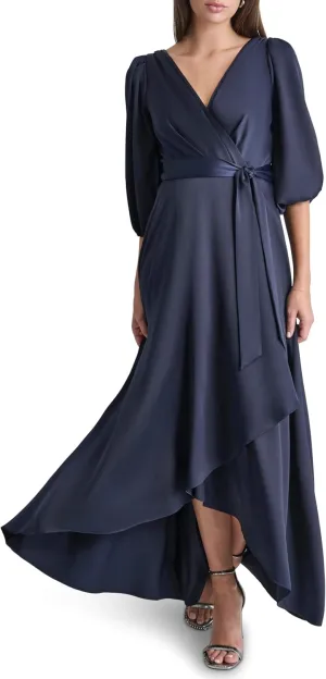 DKNY Women's Balloon Sleeve Satin Faux Wrap Maxi Dress