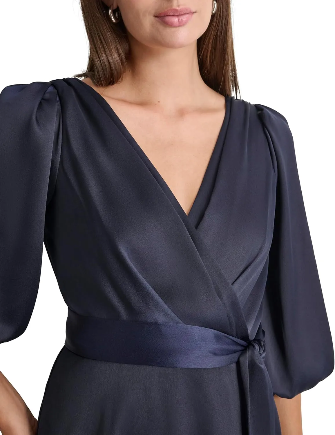 DKNY Women's Balloon Sleeve Satin Faux Wrap Maxi Dress