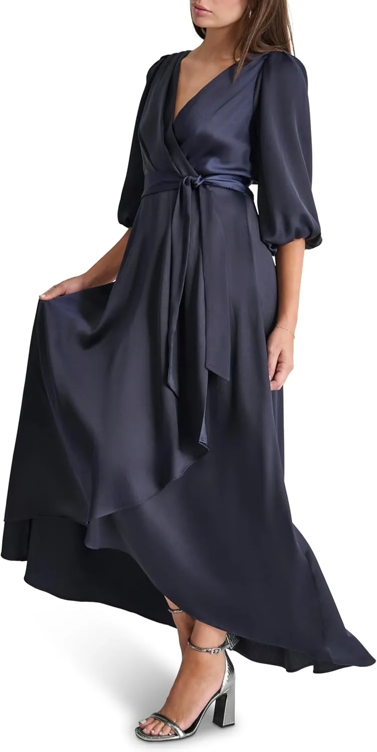 DKNY Women's Balloon Sleeve Satin Faux Wrap Maxi Dress