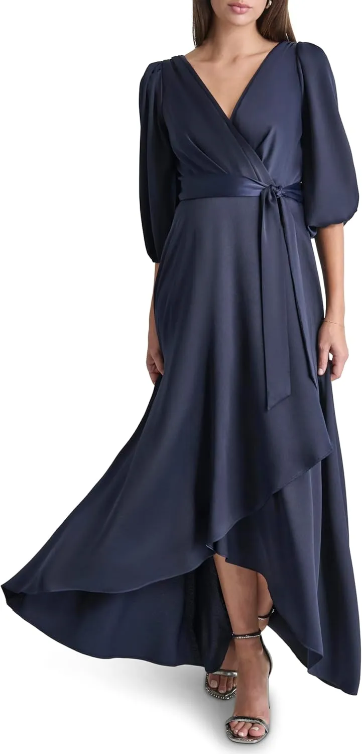 DKNY Women's Balloon Sleeve Satin Faux Wrap Maxi Dress