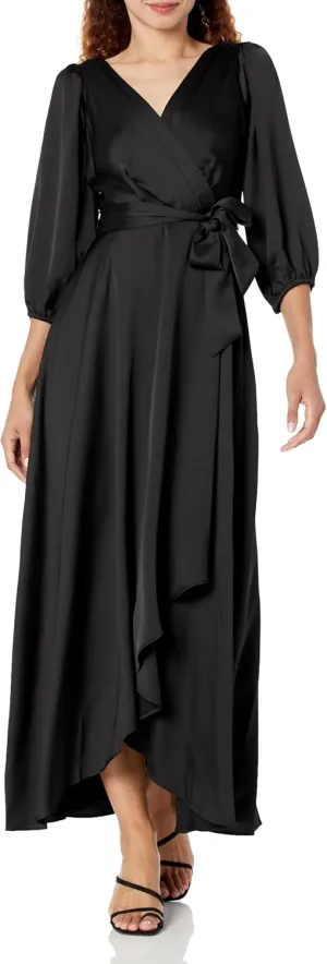 DKNY Women's Balloon Sleeve Satin Faux Wrap Maxi Dress