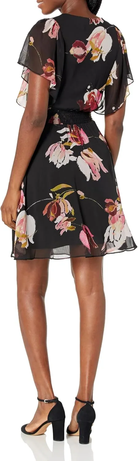 DKNY Women's Flutter Sleeve Smocked Waist Mini Dress