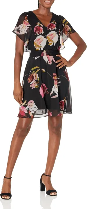 DKNY Women's Flutter Sleeve Smocked Waist Mini Dress