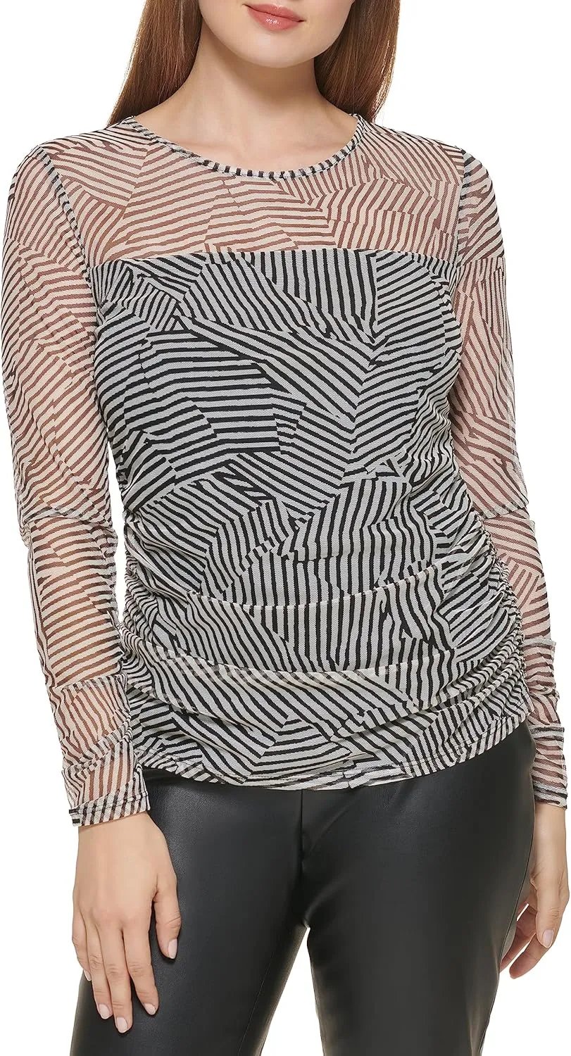 DKNY Women's Mesh Side Ruching Lightweight Sportswear Top