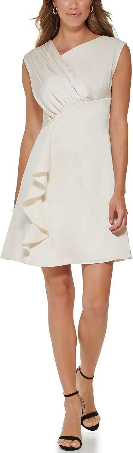 DKNY womens Midi V-neck Long Sleeve Dress With Flounce Detail
