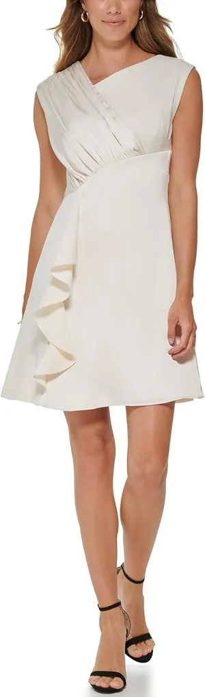 DKNY womens Midi V-neck Long Sleeve Dress With Flounce Detail