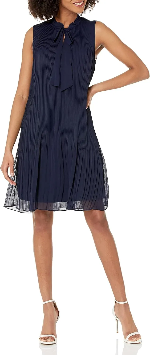 DKNY Women's Sleeveless Tie Neck Pleated Dress