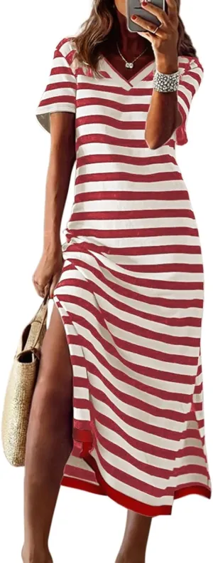 Dokotoo Summer Dresses for Women 2025 V Neck Short Sleeve Striped Maxi Dress Sun Dresses for Women 2025 Vacation Red Small