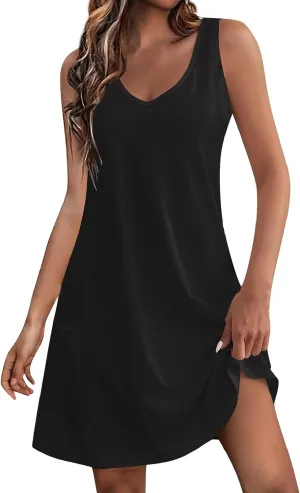 DOPOCQ Summer Dresses for Women 2024 Sexy V Neck Sleeveless Boho Beach Dress Casual Plus Size Solid Color Tank Mini Dresses