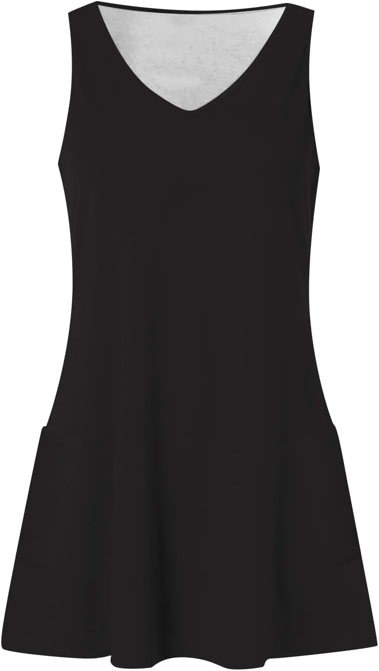 DOPOCQ Summer Dresses for Women 2024 Sexy V Neck Sleeveless Boho Beach Dress Casual Plus Size Solid Color Tank Mini Dresses