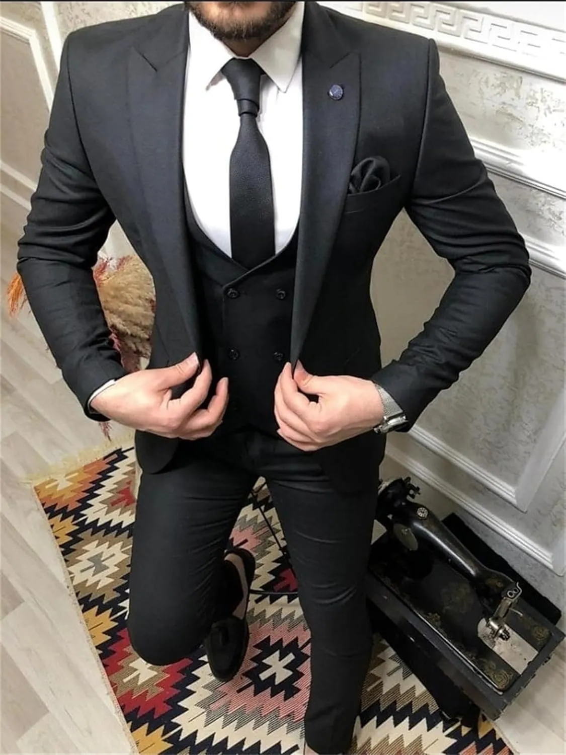 Double Breasted Suit Men 3 Piece Men's Suits Slim Fit Peak Lapel Suit one Button Blazer Vest Pants for Men Wedding