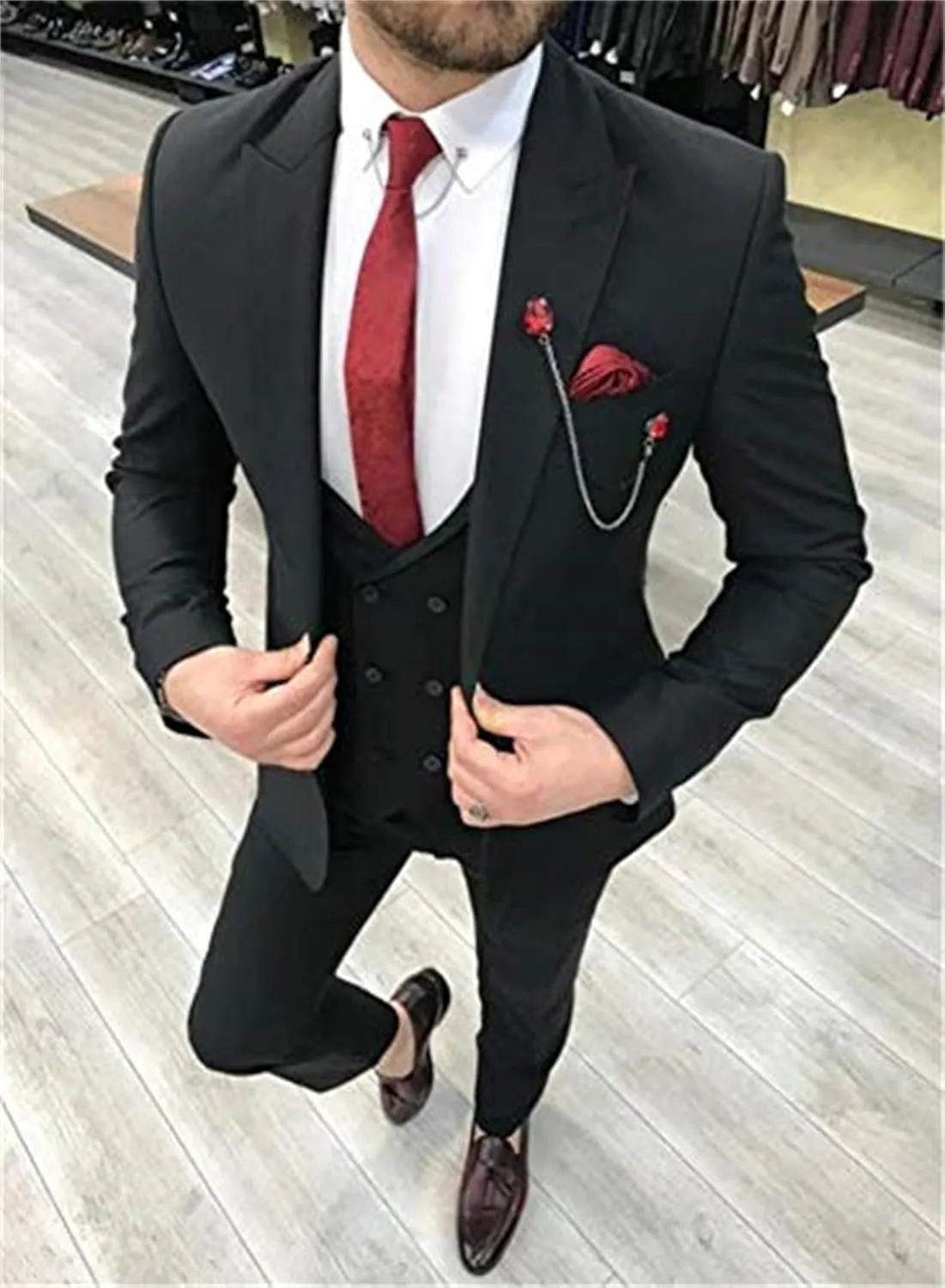 Double Breasted Suit Men 3 Piece Men's Suits Slim Fit Peak Lapel Suit one Button Blazer Vest Pants for Men Wedding