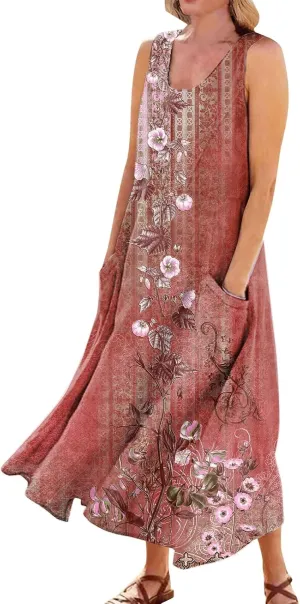 Dresses for Women 2025 Floral Print Sleeveless Beach Dress U Neck A-Line Boho Dress Casual Sundress with Pockets