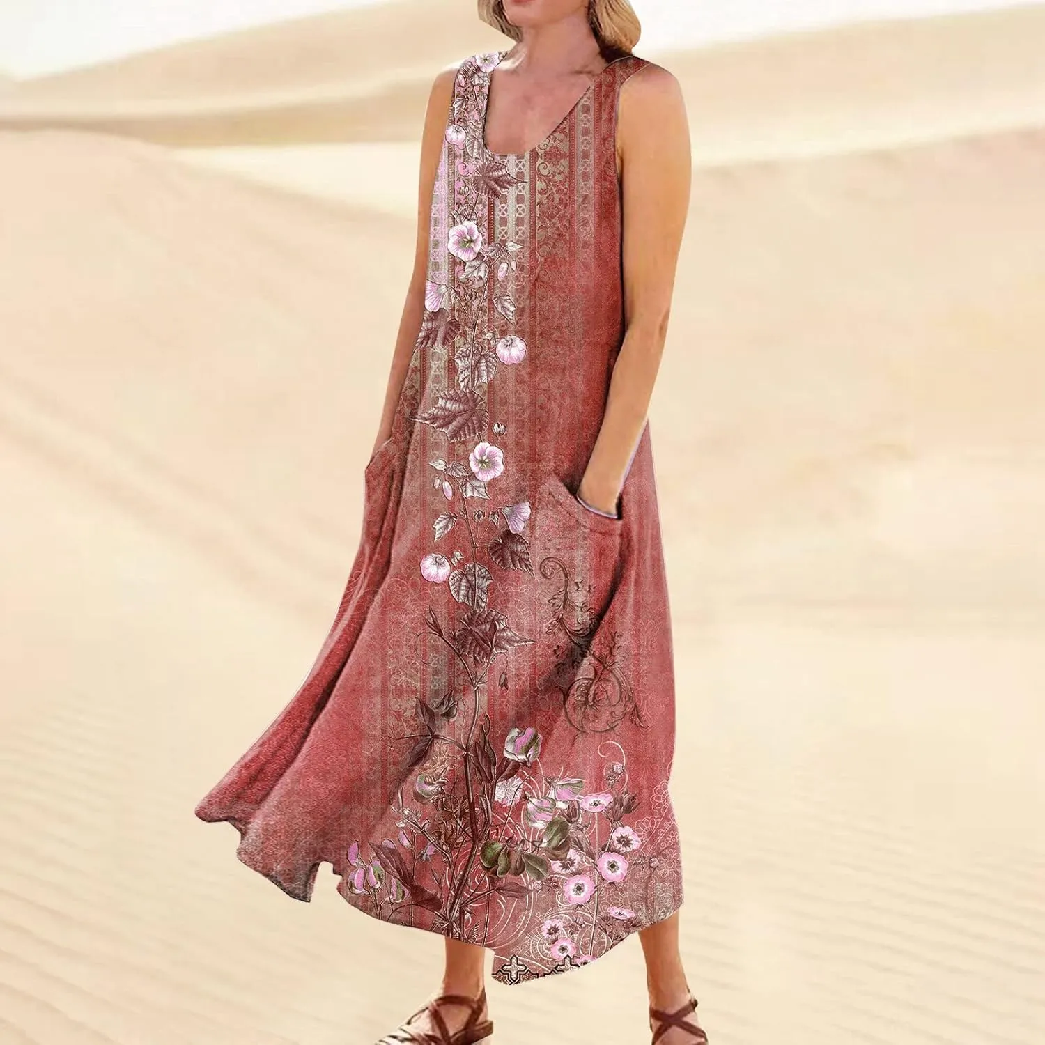 Dresses for Women 2025 Floral Print Sleeveless Beach Dress U Neck A-Line Boho Dress Casual Sundress with Pockets